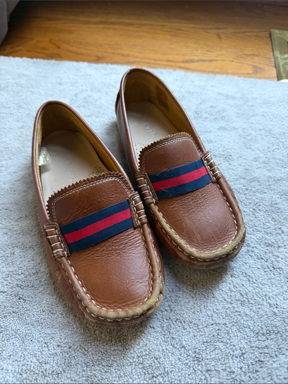 Boys Brown Leather Slip-On Loafers with Red & Navy Stripe
